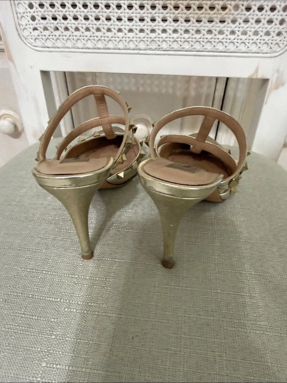 Valentino Metallic Gold Studded Pointed-Toe Slingback Heels
